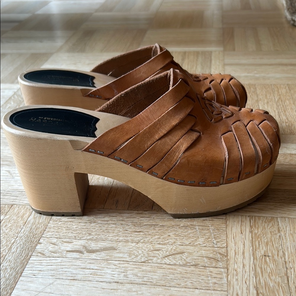 Tan Leather Mules with Woven Straps and Wooden Heel